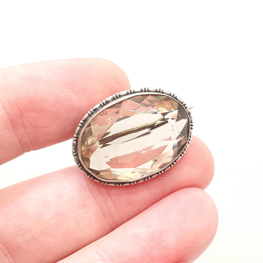 Antique Solid Silver Natural Smoky Quartz Brooch Large Big Oval Cut Edwardian Genuine Gemstone Smokey Womens Jewelry Jewellery Vintage