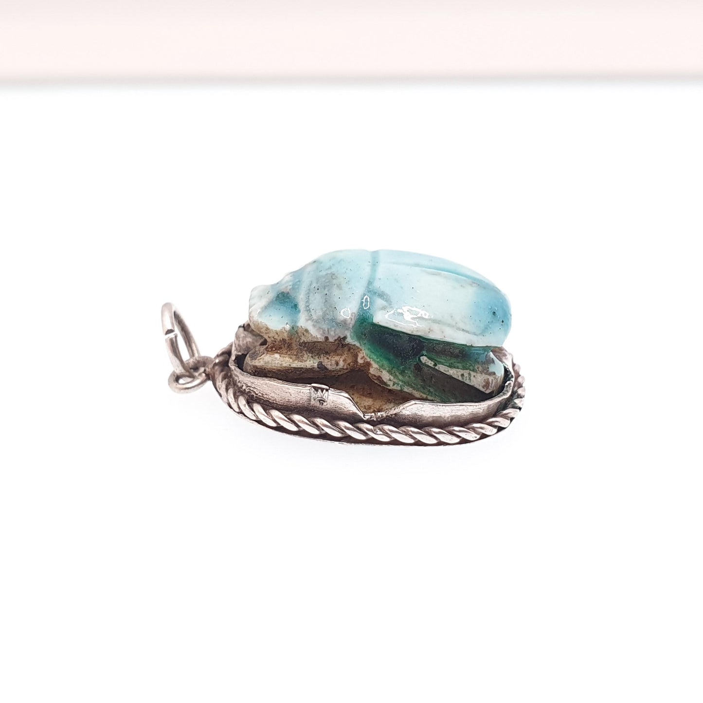 Old Vintage Solid Silver Scarab Beetle Necklace Pendant Faience Enamel Egyptian Revival Insect Animal Mens Womens Jewelry Jewellery
