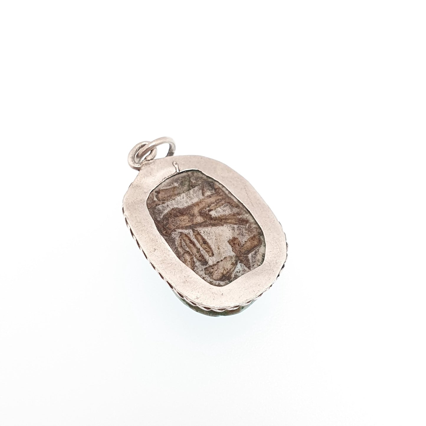 Old Vintage Solid Silver Scarab Beetle Necklace Pendant Faience Enamel Egyptian Revival Insect Animal Mens Womens Jewelry Jewellery