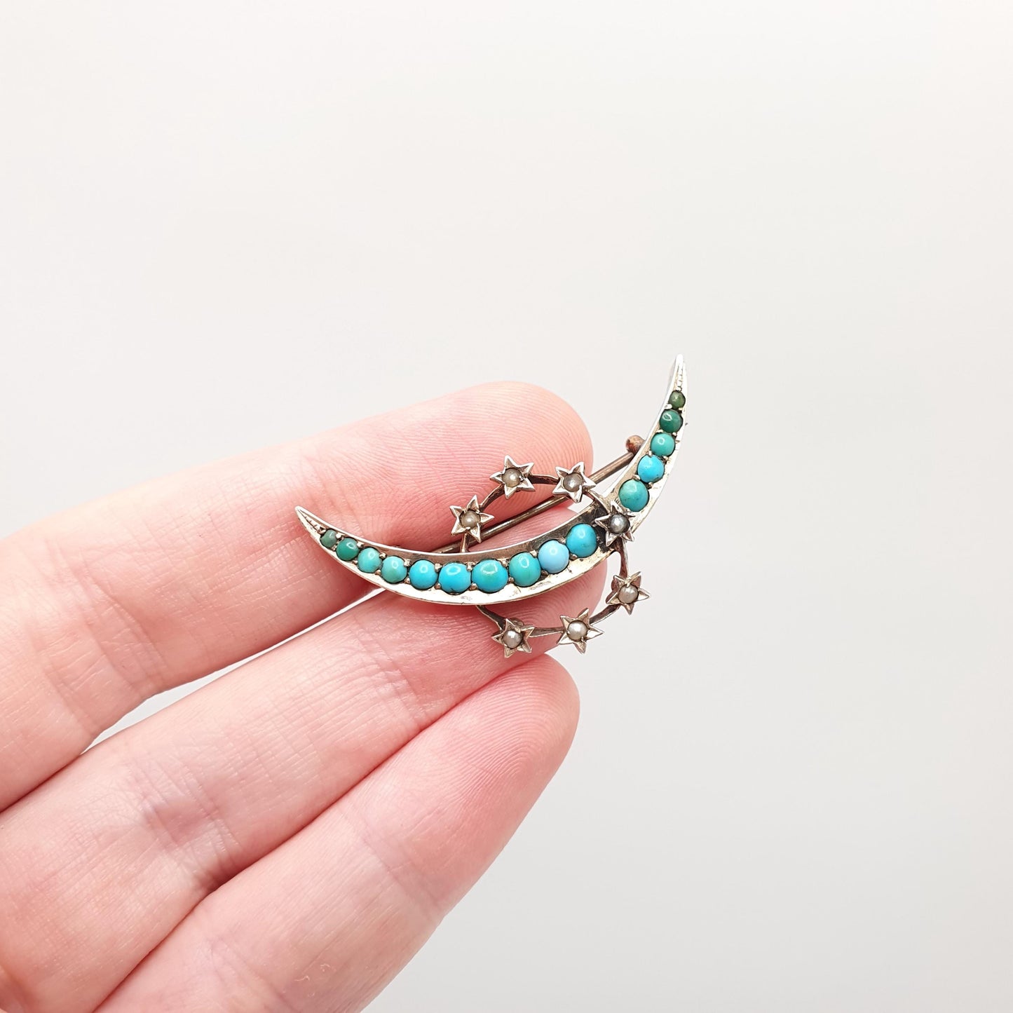 Antique Victorian Solid Silver Turquoise Brooch Star Crescent Moon Seed Pearl Circle Natural Gemstone Celestial Jewelry Jewellery Vintage