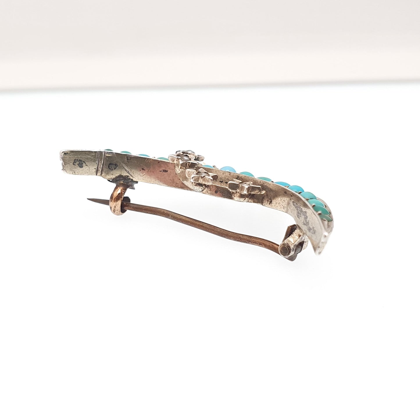 Antique Victorian Solid Silver Turquoise Brooch Star Crescent Moon Seed Pearl Circle Natural Gemstone Celestial Jewelry Jewellery Vintage