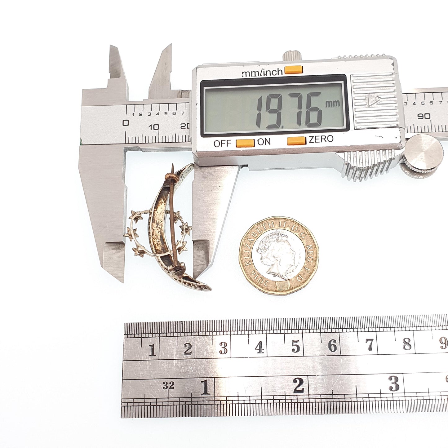 Antique Victorian Solid Silver Turquoise Brooch Star Crescent Moon Seed Pearl Circle Natural Gemstone Celestial Jewelry Jewellery Vintage