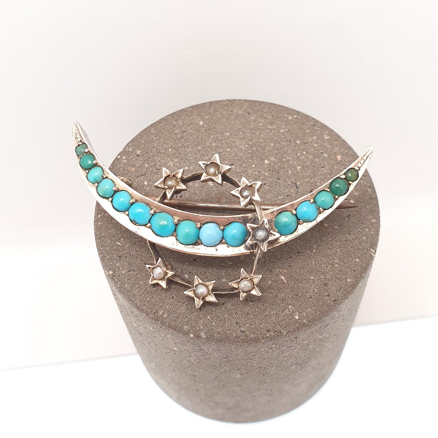 Antique Victorian Solid Silver Turquoise Brooch Star Crescent Moon Seed Pearl Circle Natural Gemstone Celestial Jewelry Jewellery Vintage