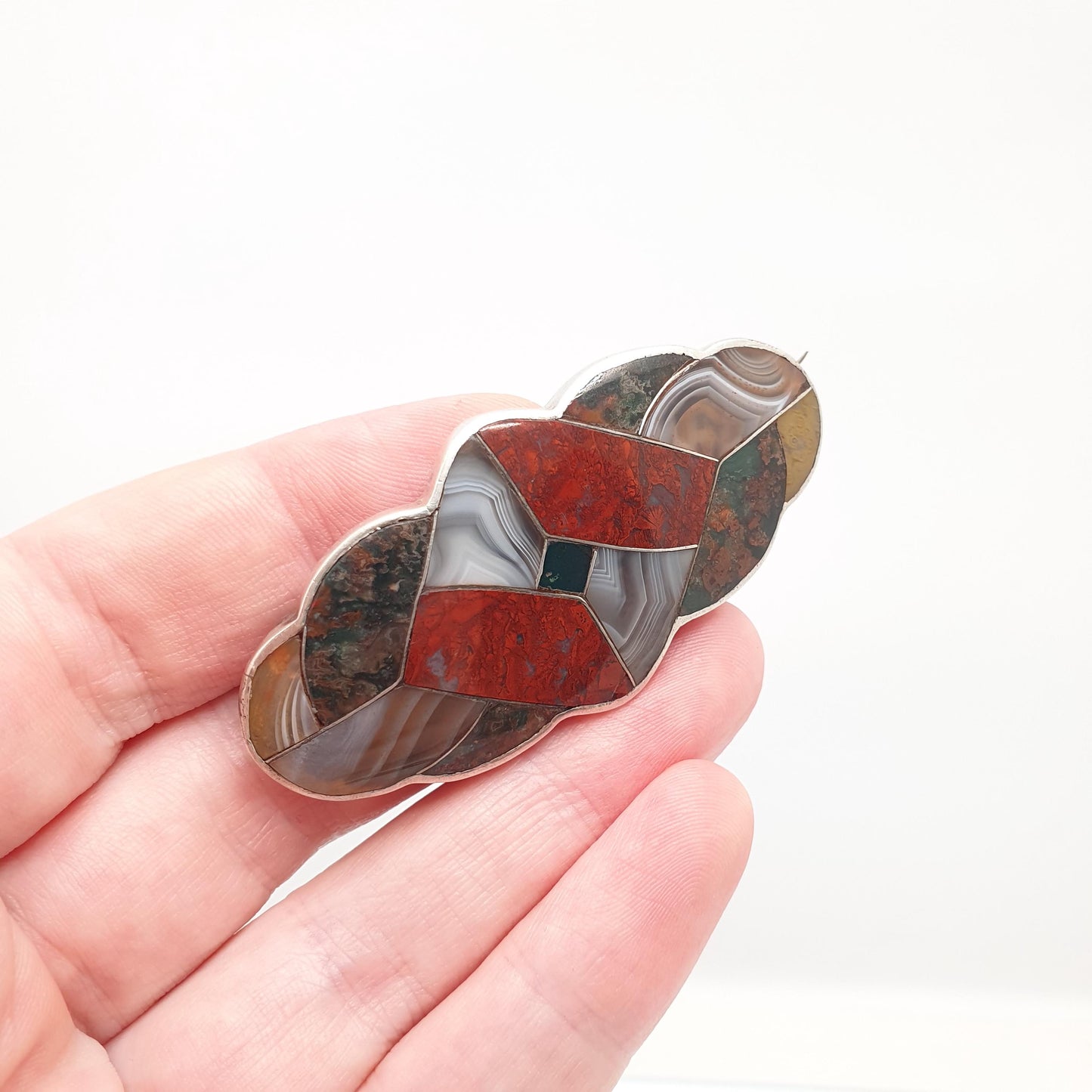 Antique Scottish Sterling Silver Jasper Agate Brooch Knot Mosaic Bloodstone Large Big Hardstone Lace Gemstone Victorian Jewelry Jewellery