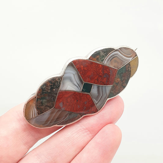 Antique Scottish Sterling Silver Jasper Agate Brooch Knot Mosaic Bloodstone Large Big Hardstone Lace Gemstone Victorian Jewelry Jewellery