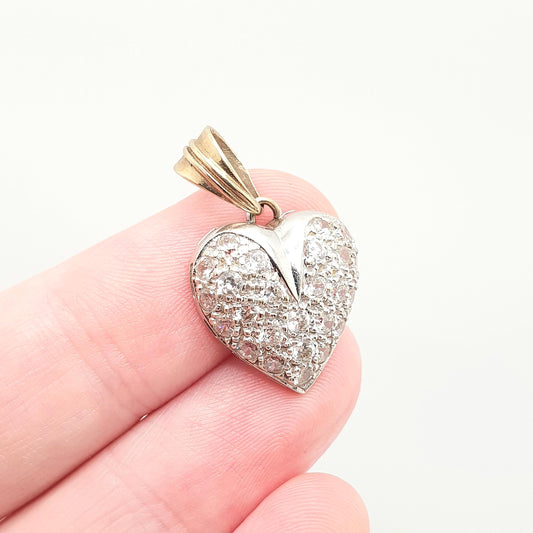 Vintage 9ct 9k Gold Heart Pendant CZ Gemstone Necklace Diamond Simulant Solid 375 Pave Set Cute Yellow Retro Gift Womens Jewelry Jewellery
