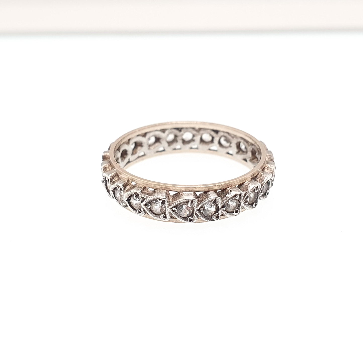 Antique Art Deco 9ct 9k Gold Sterling Silver Eternity Ring Heart White Spinel Gemstone Solid 375 Vintage 1920s Womens Jewelry Jewellery