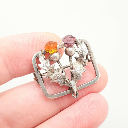Antique Victorian Sterling Silver Thistle Brooch Amethyst & Citrine Pastes  Scottish Flower of Scotland Celtic Vintage Jewelry Jewellery