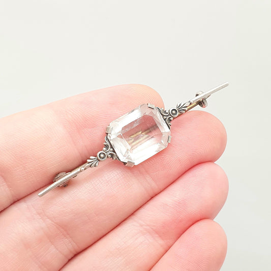 Antique Solid Silver Rock Crystal Brooch Art Deco White Quartz Rectangular Cut Gemstone Clear Vintage Big 1920s Womens Jewelry Jewellery
