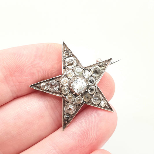 Antique Victorian Star Solid Silver Brooch Diamond Paste Old Cut Five Point Foiled Sparkly Starry Celestial Womens Jewelry Jewellery Vintage