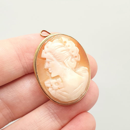 Vintage Sterling Silver Cameo Pendant Brooch Gold Vermeil Necklace Genuine Shell Hand Carved 925 Oval Italy Italian Womens Jewelry Jewellery