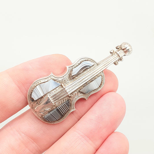 Antique Victorian Solid Silver Violin Brooch Montrose Lace Agate Scottish Cello Music Musical Instrument Vintage Gemstone Womens Jewelry