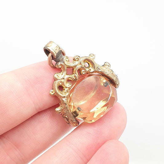 Antique Natural Citrine Rolled Gold Spinner Fob Pendant Necklace Victorian Genuine Real Gemstone Gold Filled Vintage Jewellery Jewelry