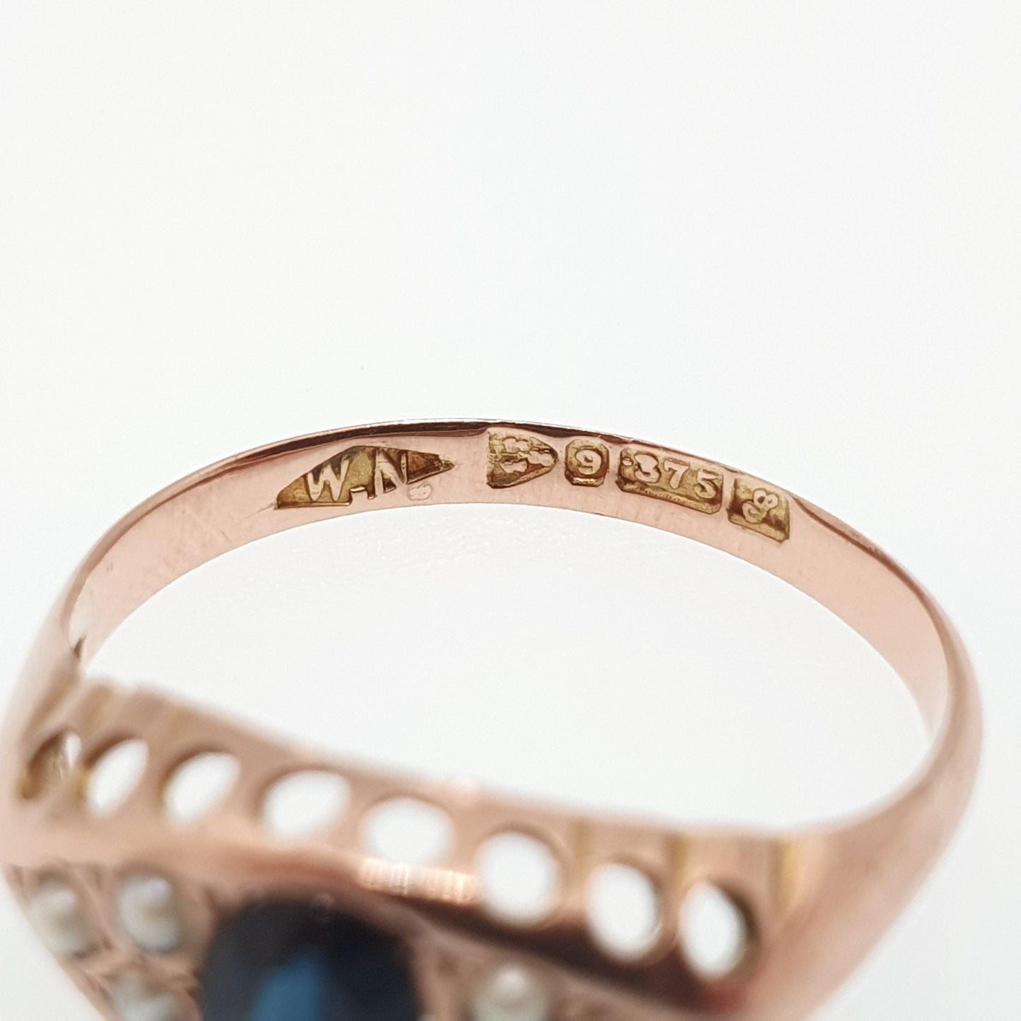 Antique 9ct Rose Gold Sapphire Ring 1918 Hallmark Seed Pearl  Solid 375 9k 9kt Blue Oval Gemstone Womens Vintage Jewelry Jewellery