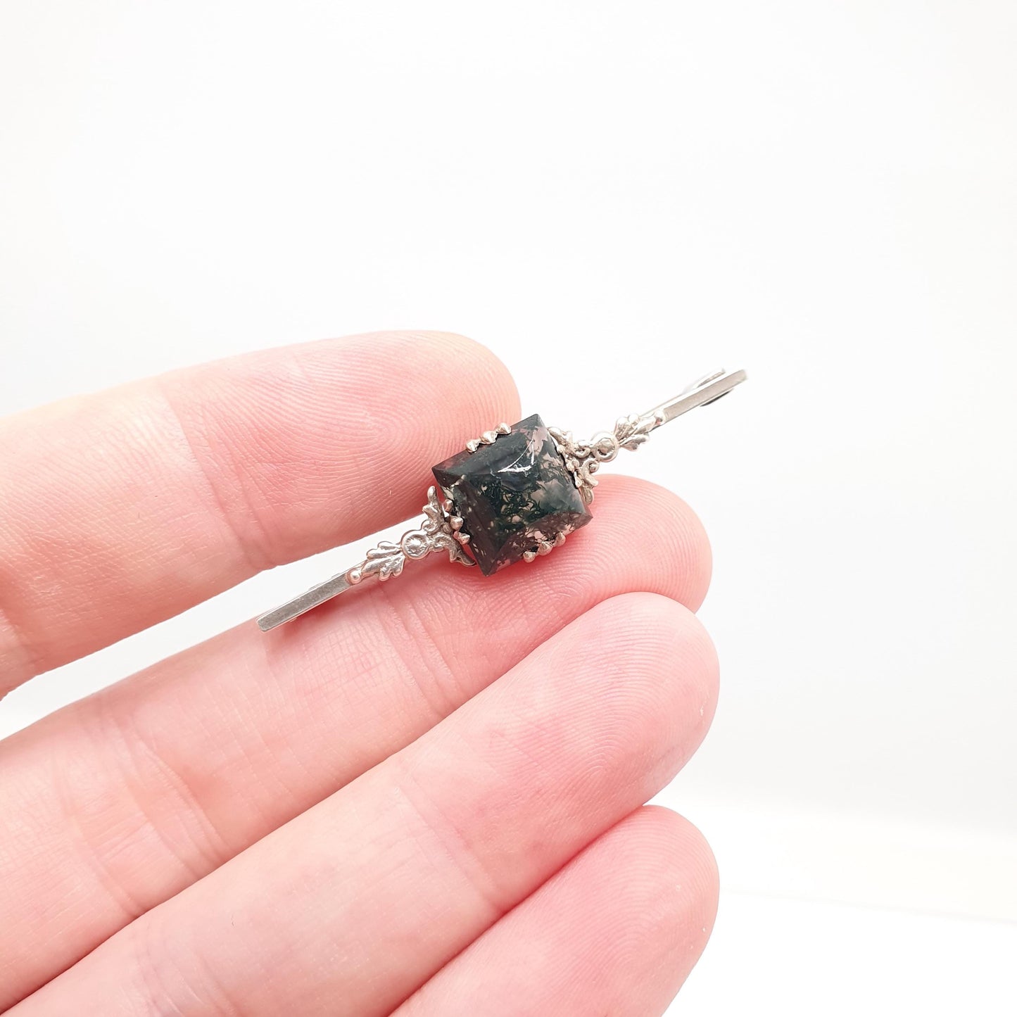 Antique Moss Agate Solid Silver Brooch Art Deco Natural Square Quartz Veined Oval Vintage 1920s Rare Gemstone Womens Jewelry Jewellery