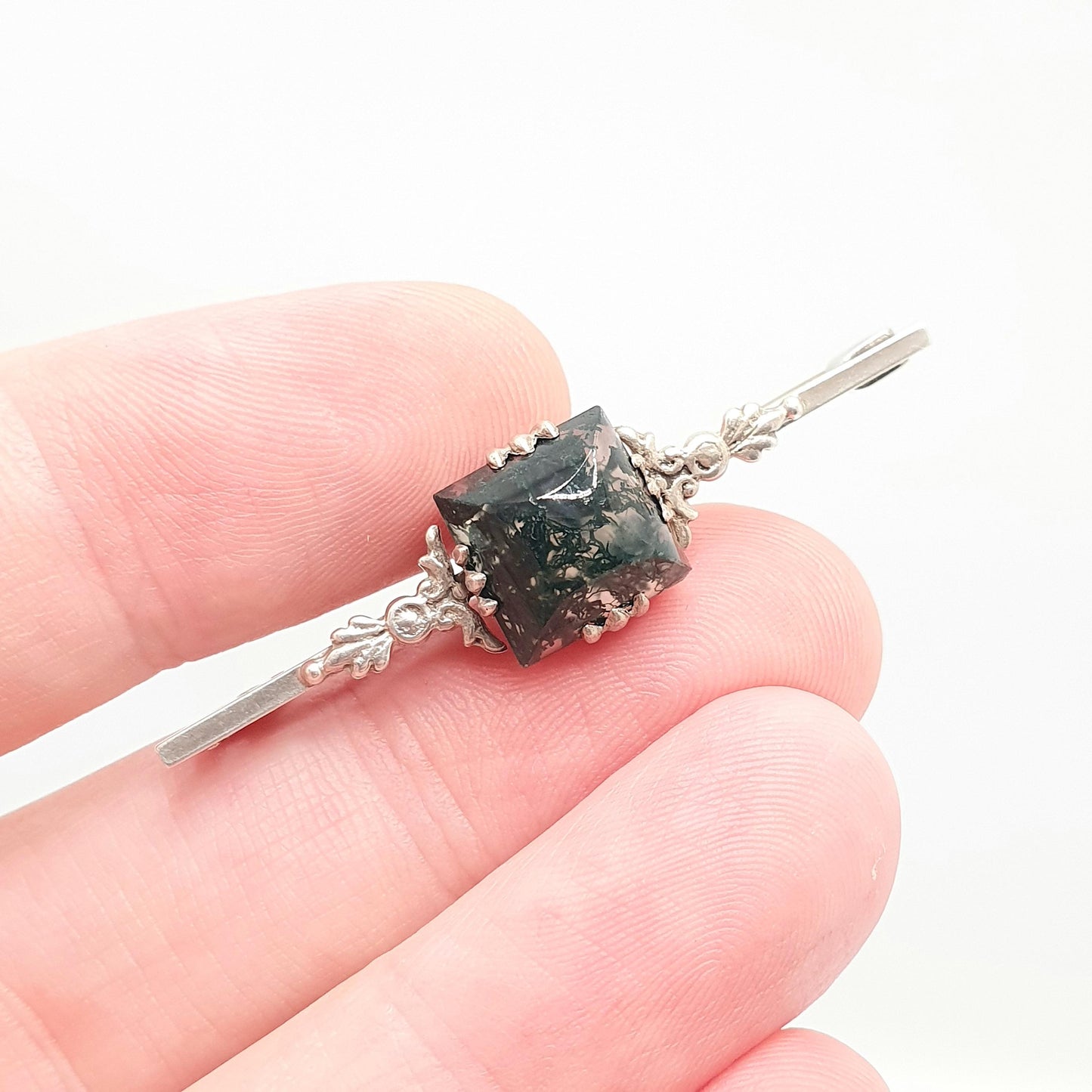 Antique Moss Agate Solid Silver Brooch Art Deco Natural Square Quartz Veined Oval Vintage 1920s Rare Gemstone Womens Jewelry Jewellery