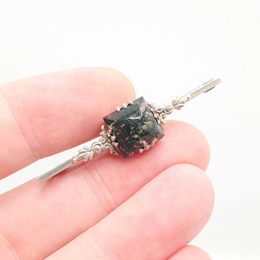 Antique Moss Agate Solid Silver Brooch Art Deco Natural Square Quartz Veined Oval Vintage 1920s Rare Gemstone Womens Jewelry Jewellery