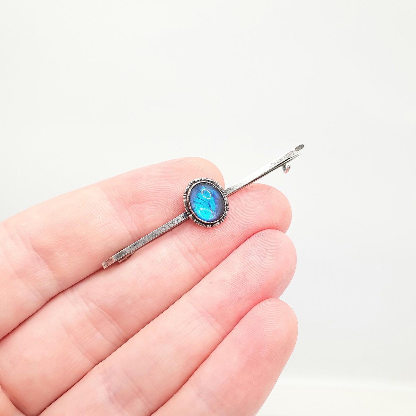 Antique Sterling Silver Butterfly Wing Brooch Bar Pin Art Deco Morpho Blue Oval Womens Jewelry TLM Handmade 1920s Vintage Insect Jewellery