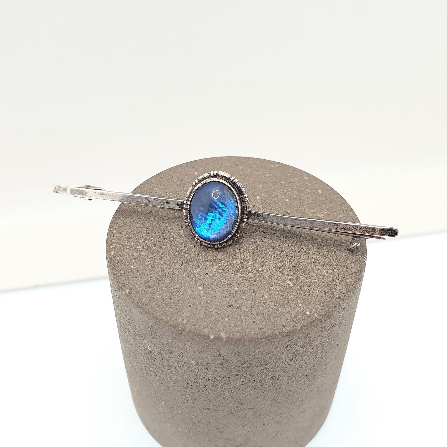 Antique Sterling Silver Butterfly Wing Brooch Bar Pin Art Deco Morpho Blue Oval Womens Jewelry TLM Handmade 1920s Vintage Insect Jewellery