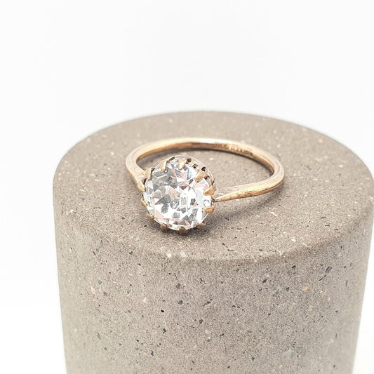 Antique Diamond Paste Rolled Gold Ring Solitaire Victorian Large Old Cut White Foiled Glass Vintage Ladies Womens Jewelry Jewellery