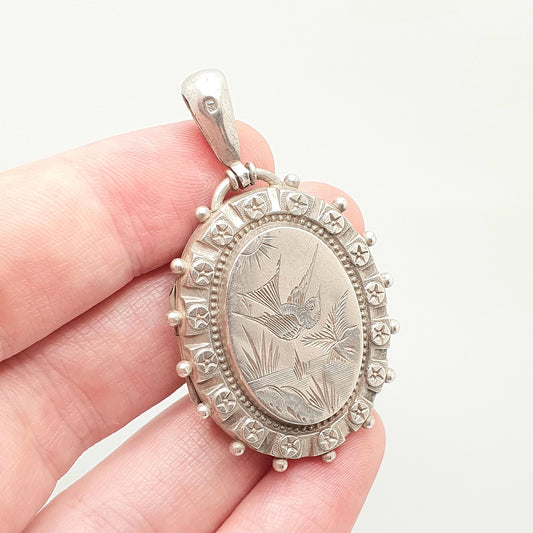 Antique Victorian Sterling Silver Bird Locket Engraved Geometric Pendant Picture Photo Etruscan Stepped Vintage Jewellery Jewelry