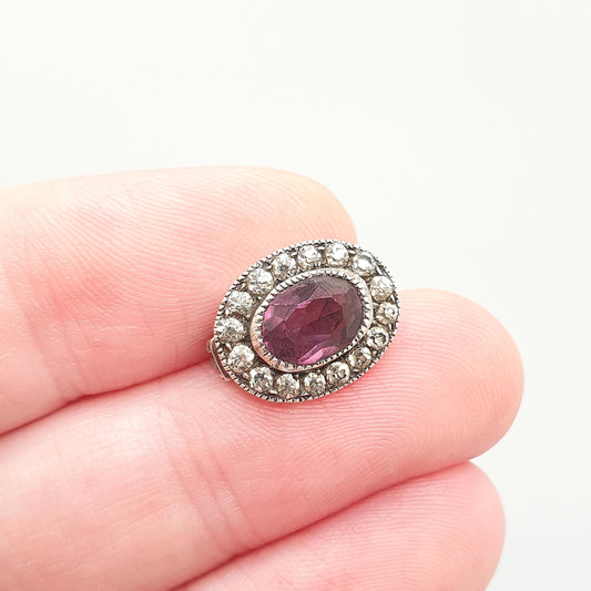 Antique Solid Silver Amethyst Paste Brooch Victorian Cluster Diamond Pastes Oval Shape Genuine 1800s Vintage Womens Ladies Jewelry Jewellery