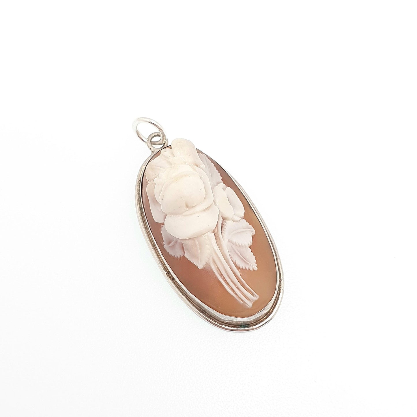 Antique Flower Cameo Solid Silver Pendant Necklace Hand Carved Shell High Relief Rare Vintage Unique Italian Jewelry Womens Jewellery