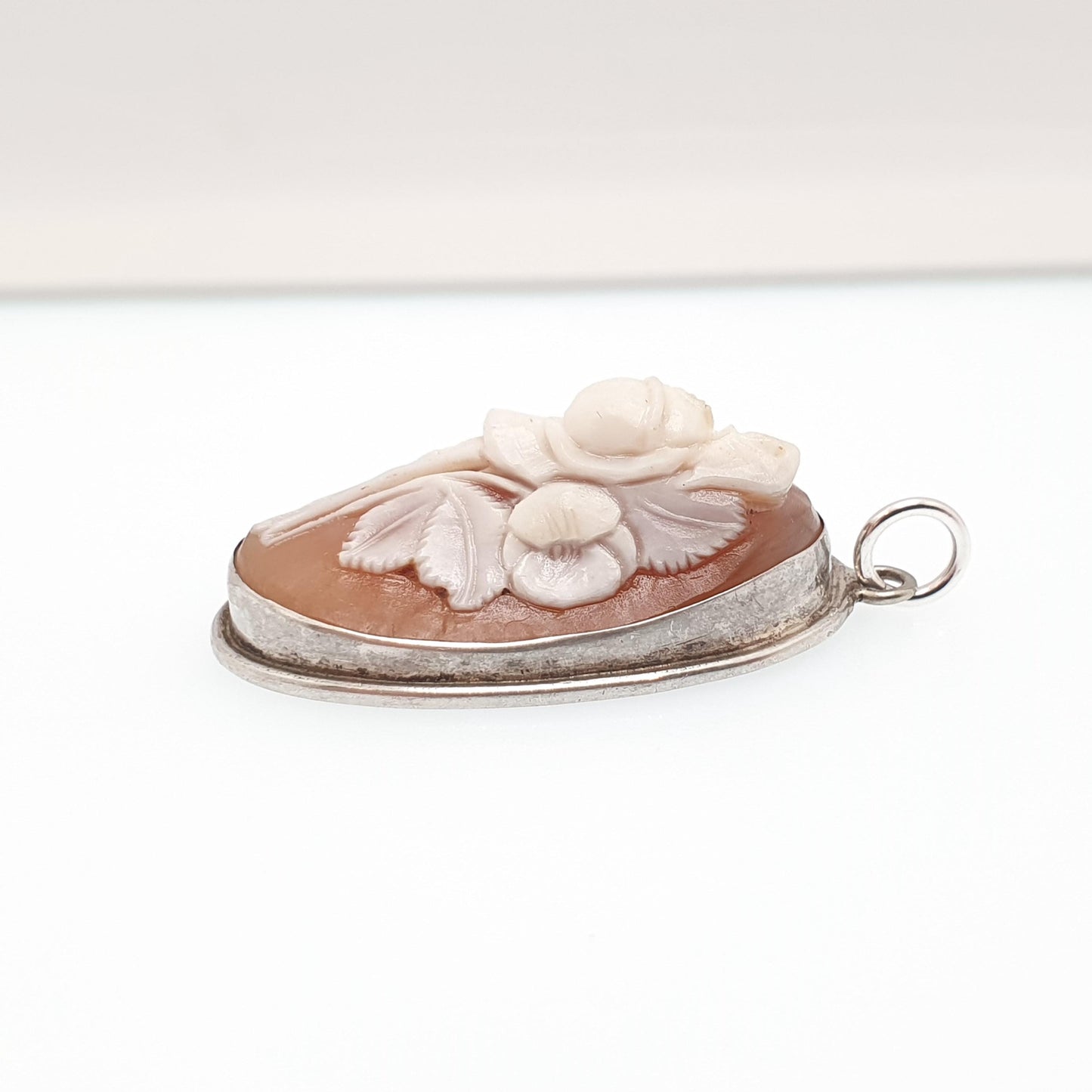 Antique Flower Cameo Solid Silver Pendant Necklace Hand Carved Shell High Relief Rare Vintage Unique Italian Jewelry Womens Jewellery