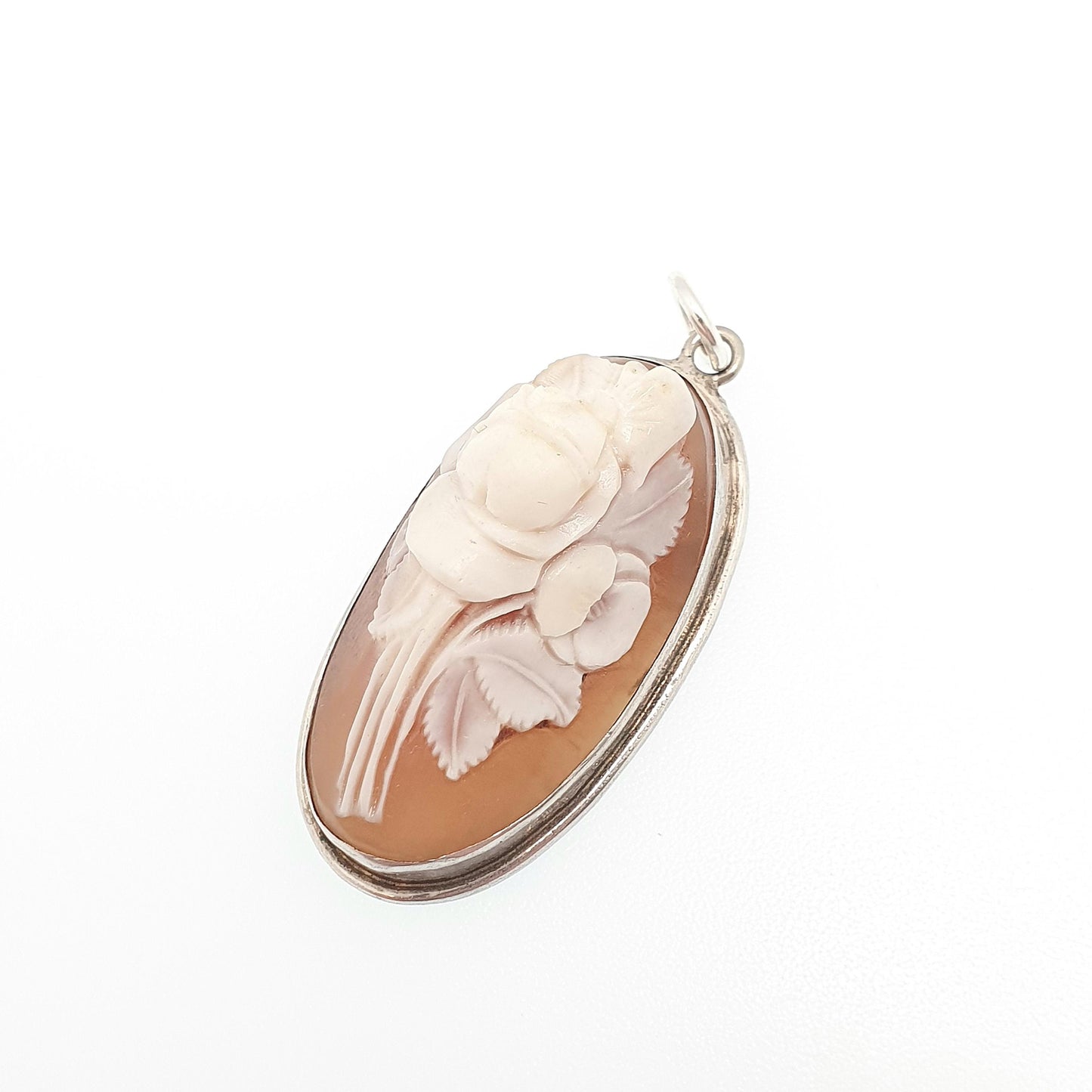 Antique Flower Cameo Solid Silver Pendant Necklace Hand Carved Shell High Relief Rare Vintage Unique Italian Jewelry Womens Jewellery