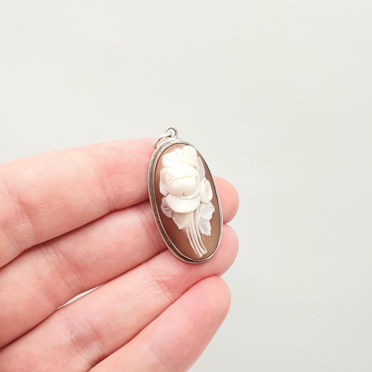 Antique Flower Cameo Solid Silver Pendant Necklace Hand Carved Shell High Relief Rare Vintage Unique Italian Jewelry Womens Jewellery