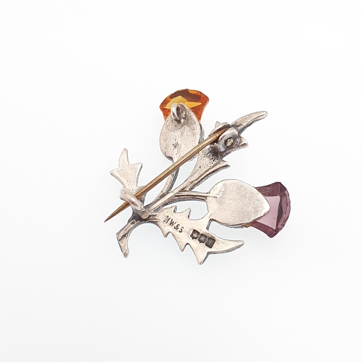 Old Vintage Sterling Silver Citrine Amethyst Thistle Paste Brooch Pin Scottish Flower 1961 Genuine Gemstone Celtic Gaelic Jewelry Jewellery