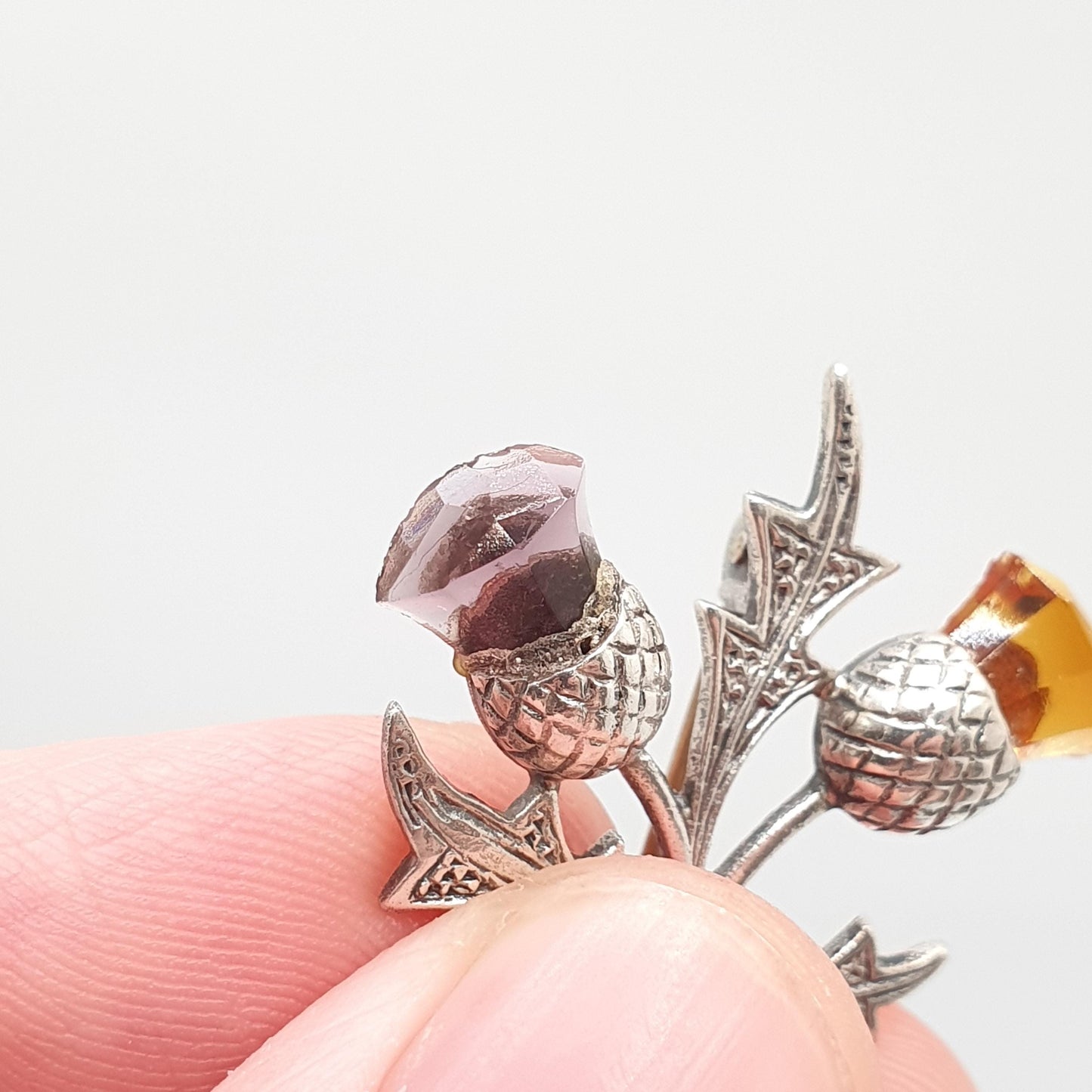 Old Vintage Sterling Silver Citrine Amethyst Thistle Paste Brooch Pin Scottish Flower 1961 Genuine Gemstone Celtic Gaelic Jewelry Jewellery