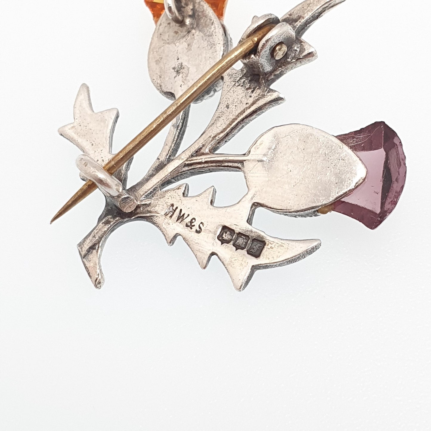 Old Vintage Sterling Silver Citrine Amethyst Thistle Paste Brooch Pin Scottish Flower 1961 Genuine Gemstone Celtic Gaelic Jewelry Jewellery