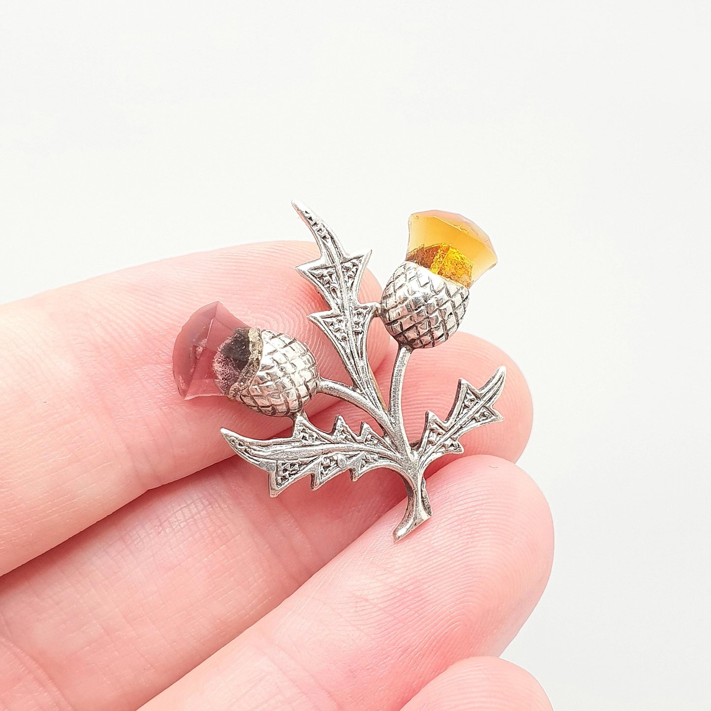 Old Vintage Sterling Silver Citrine Amethyst Thistle Paste Brooch Pin Scottish Flower 1961 Genuine Gemstone Celtic Gaelic Jewelry Jewellery