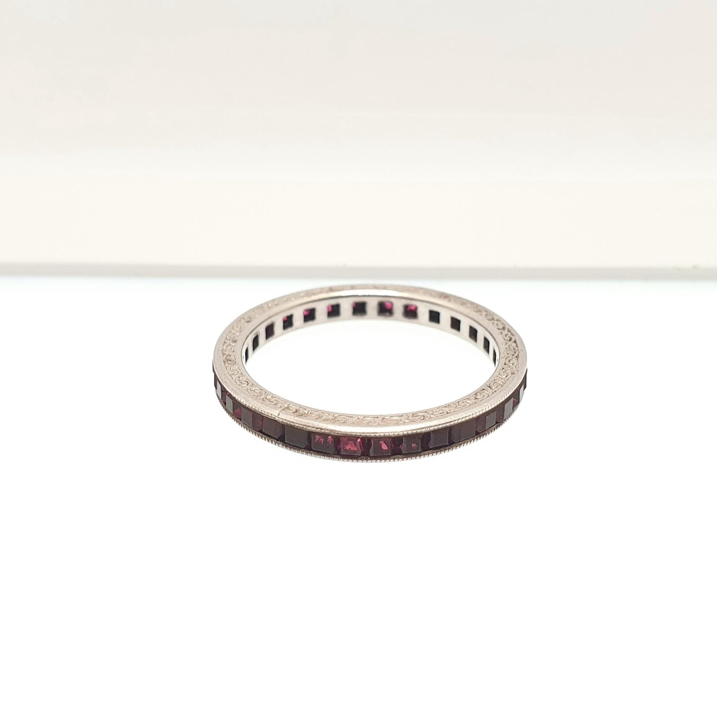 Antique Art Deco Solid Silver Ruby Paste Eternity Ring Channel Set Square Cut 1920s Vintage Full Band Ladies Womens Jewelry Jewellery