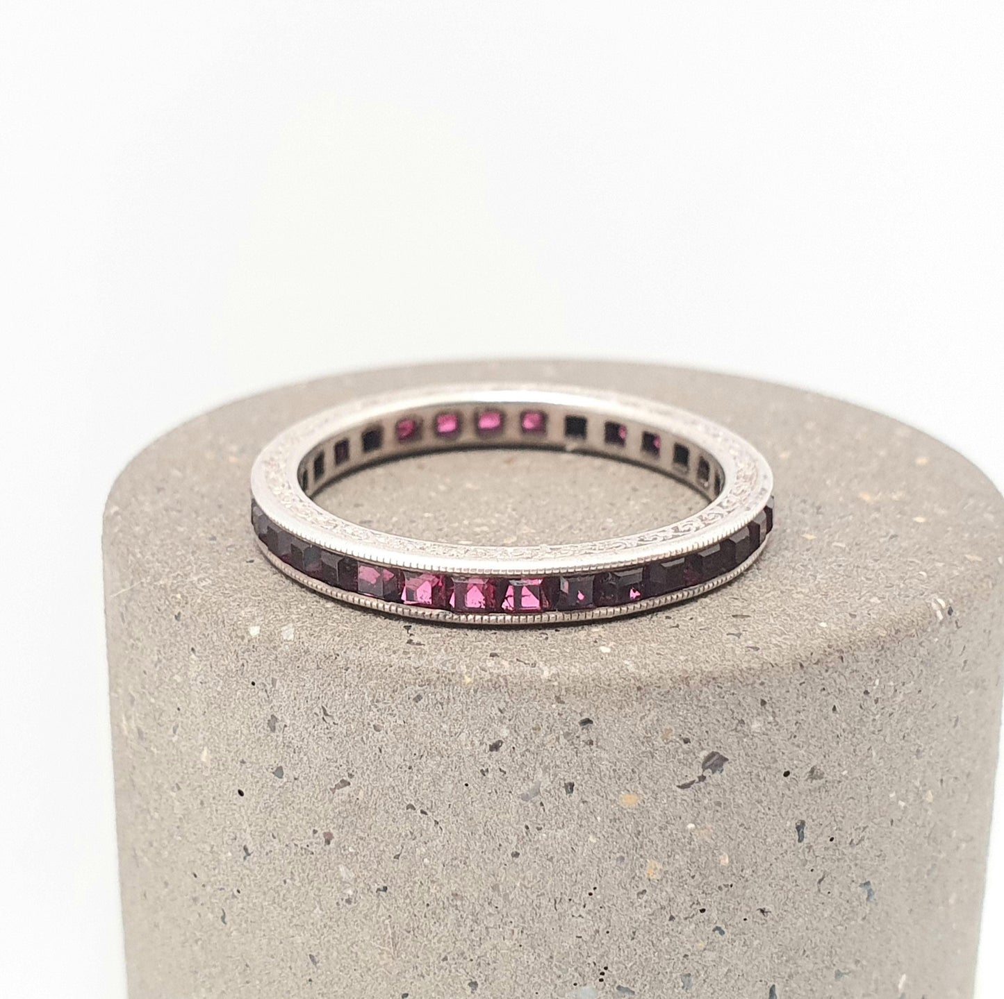 Antique Art Deco Solid Silver Ruby Paste Eternity Ring Channel Set Square Cut 1920s Vintage Full Band Ladies Womens Jewelry Jewellery