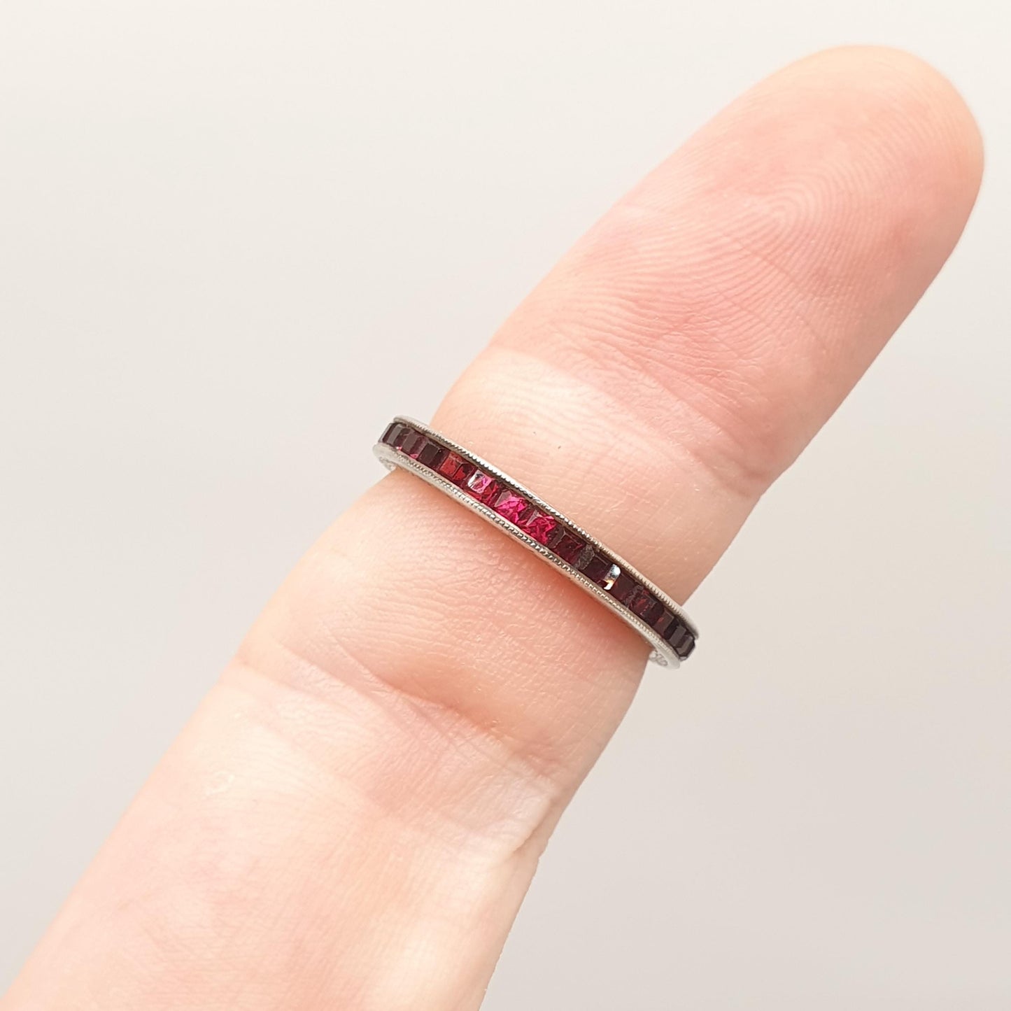 Antique Art Deco Solid Silver Ruby Paste Eternity Ring Channel Set Square Cut 1920s Vintage Full Band Ladies Womens Jewelry Jewellery