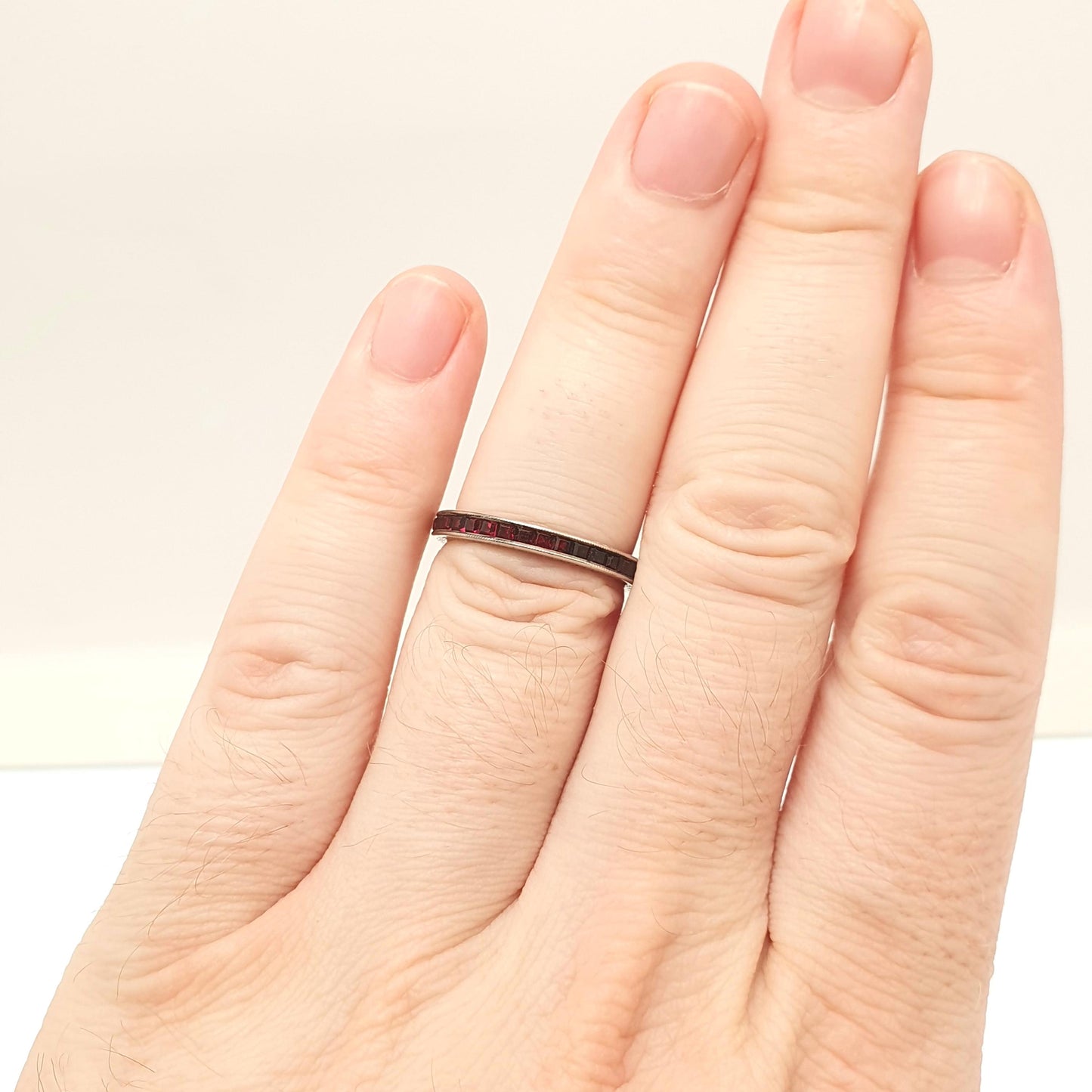 Antique Art Deco Solid Silver Ruby Paste Eternity Ring Channel Set Square Cut 1920s Vintage Full Band Ladies Womens Jewelry Jewellery