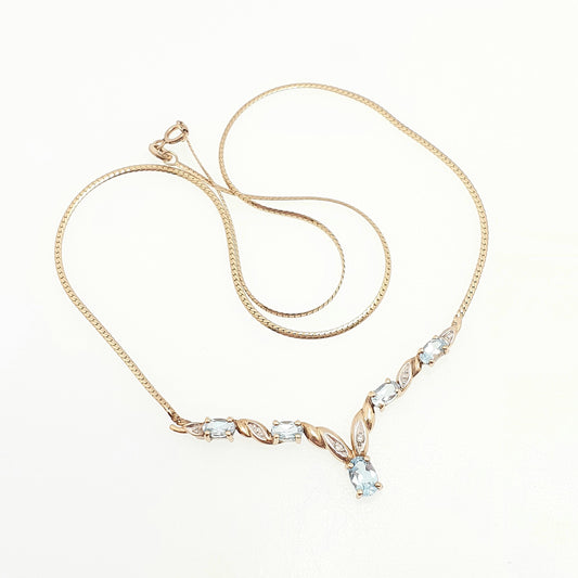 Vintage 9k Gold Aquamarine Topaz & Diamond V Pointed Necklace Sky Blue Topaz 4.25g 42cm 16.5" Solid 9ct 9kt Yellow Womens Jewellery Jewelry