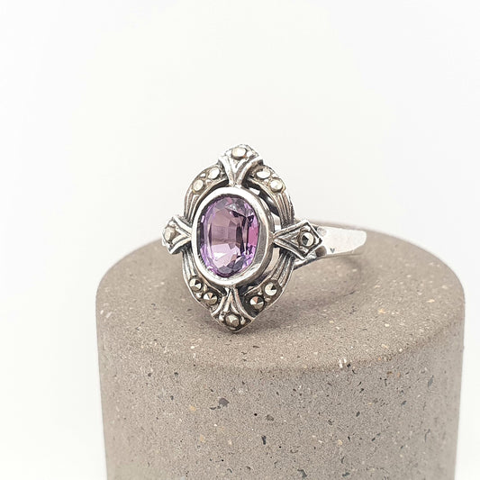 Vintage Amethyst Sterling Silver Ring Art Deco Style Marcasite Oval Cut Cluster Genuine Real Gemstone Solid 925 Womens Jewelry Jewellery
