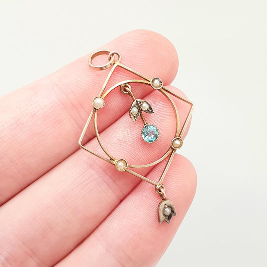 Antique 9ct Gold Aquamarine Paste Necklace Y Lavalier Edwardian Square Solid 375 9k Seed Pearl Art Nouveau Vintage Womens Jewelry Jewellery