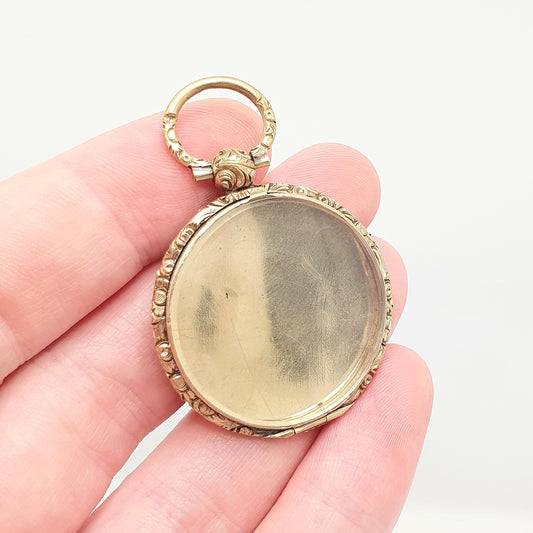 Antique Rolled Gold Victorian Locket Pendant Necklace Chased Border Pocket Watch Large Big Vintage Gold Filled Womens Jewelry Jewellery