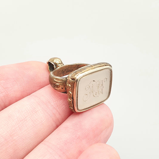 Antique Victorian Intaglio Fob Necklace Pendant Rolled Gold Filled White Chalcedony Gemstone Letter Seal Stamp Vintage Jewelry Jewellery