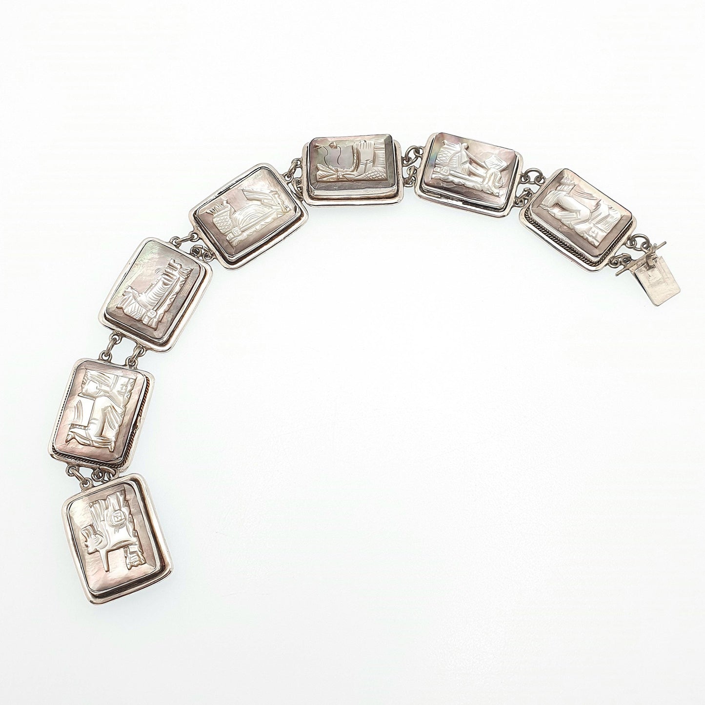 Antique Cameo Solid Silver Bracelet Flying Chariot Rectangular Vintage 1920s Abalone Shell Hand Carved Womens Italian Jewelry Jewellery