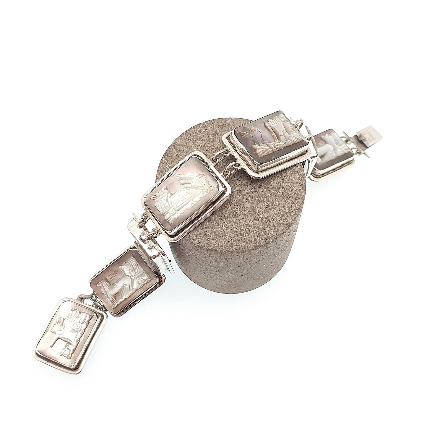 Antique Cameo Solid Silver Bracelet Flying Chariot Rectangular Vintage 1920s Abalone Shell Hand Carved Womens Italian Jewelry Jewellery