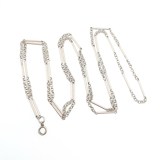 Antique Victorian Muff Chain Solid Silver Necklace Dog Clip 126cm 49.6" 28.15g Staple Bar & Rolo Link Long Guard Vintage Womens Jewelry
