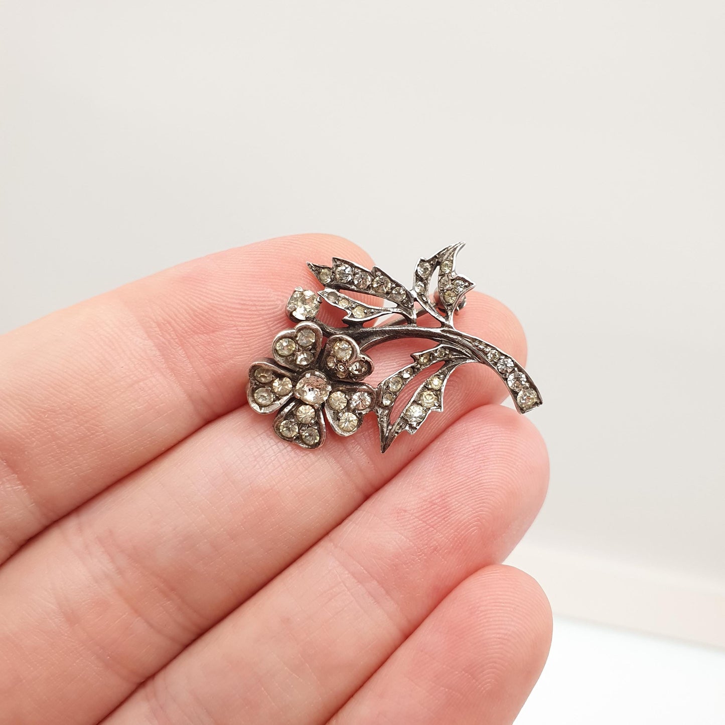 Antique Sterling Silver White Paste Brooch Genuine Art Deco Ciro SCP Floral Spray Flower 1920s Sparkly Vintage Jewelry Jewellery