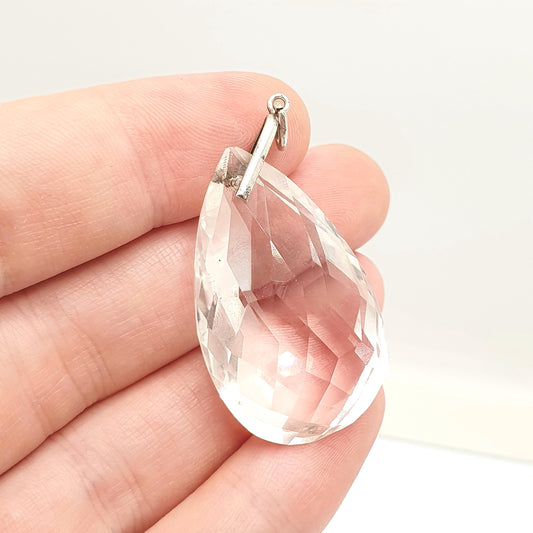 Antique Clear Quartz Solid Silver Pendant Necklace White Quartz Art Deco Large Big Faceted 1920s Gemstone Clear Style Jewelry Jewellery