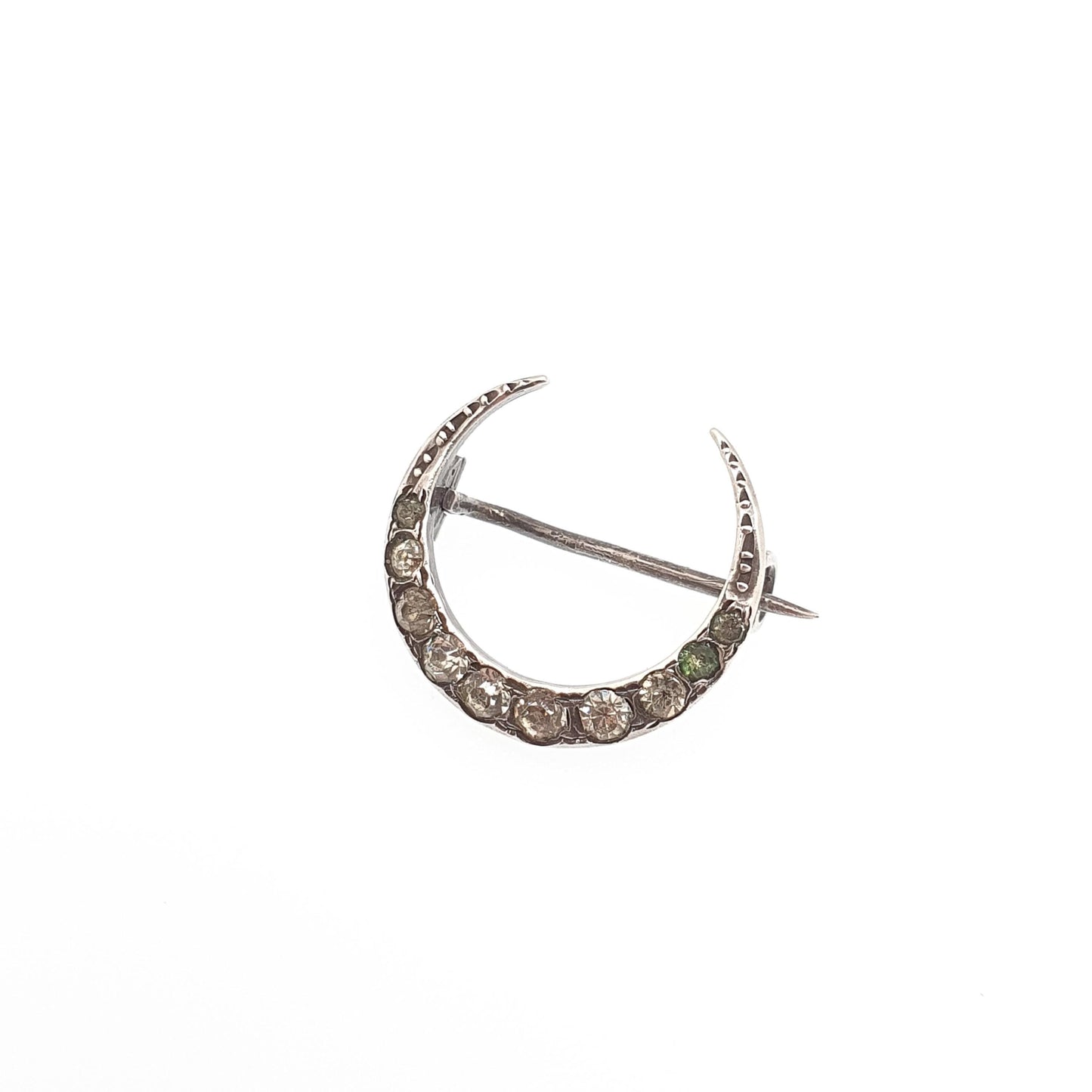 Antique Victorian Sterling Silver Crescent Moon Diamond Paste Brooch Pin Cute Vintage 1800s Gift Unique Celestial Womens Jewelry Jewellery