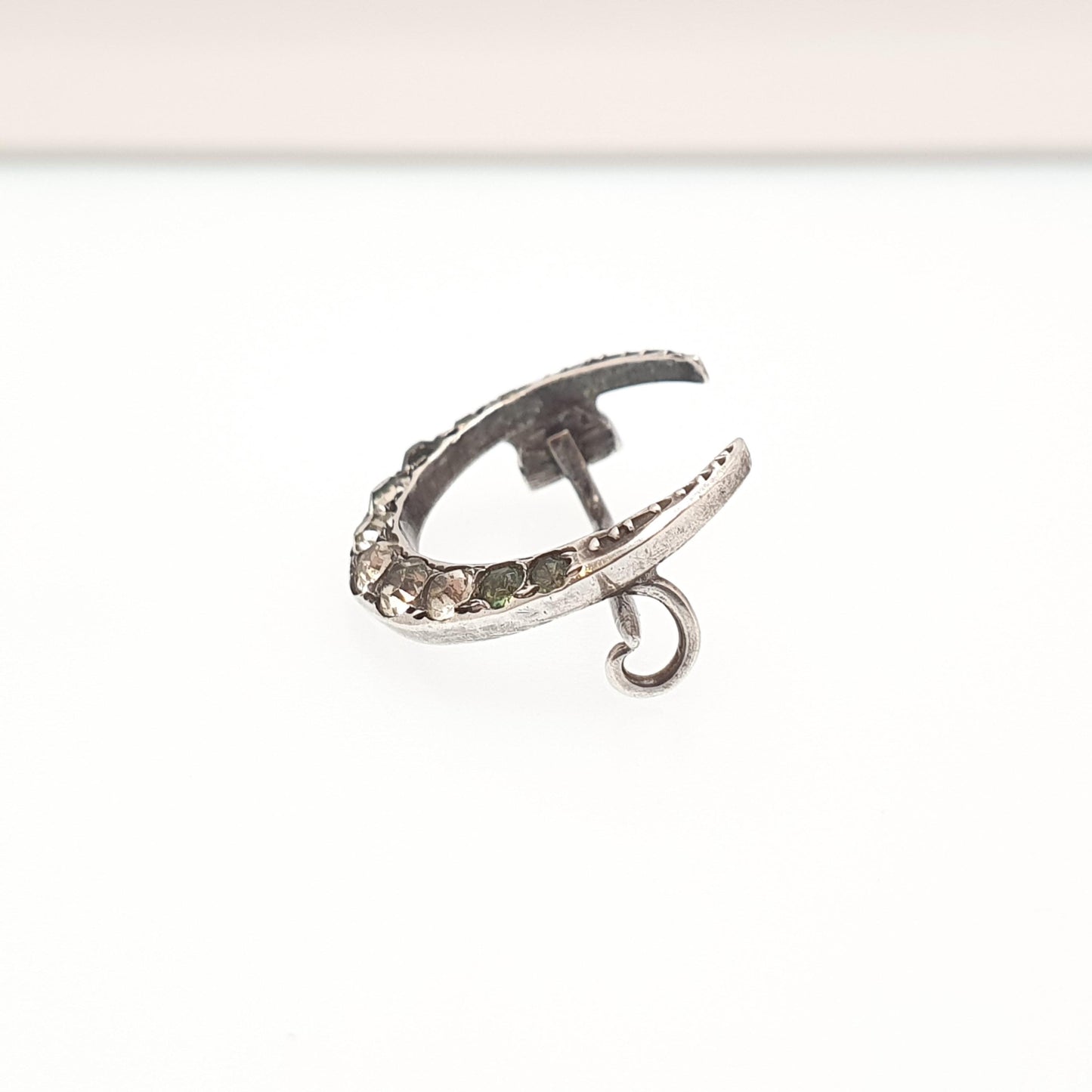 Antique Victorian Sterling Silver Crescent Moon Diamond Paste Brooch Pin Cute Vintage 1800s Gift Unique Celestial Womens Jewelry Jewellery